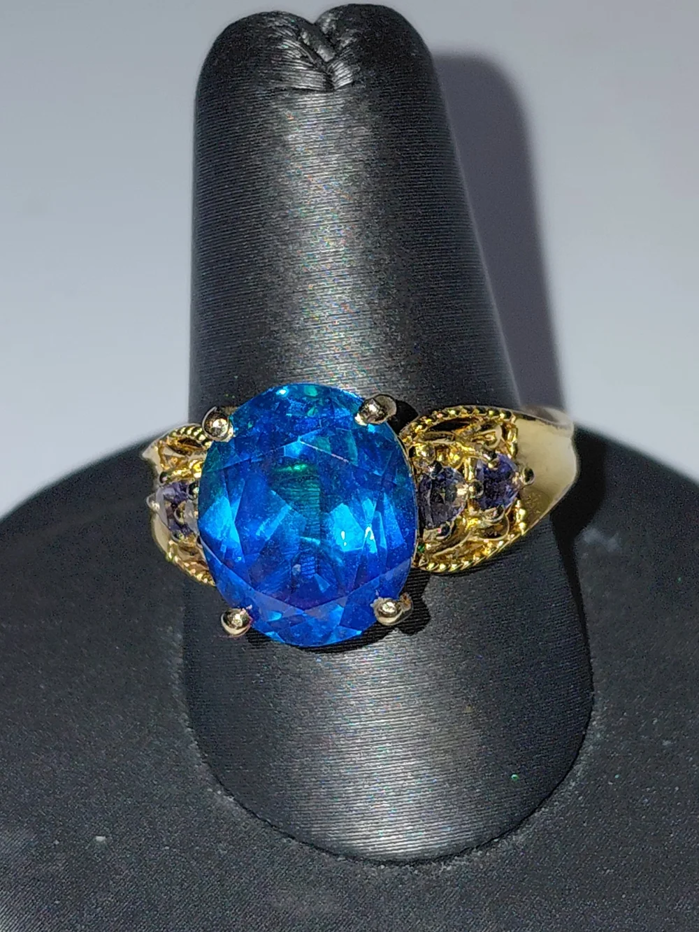 Caribbean Blue Oval Topaz Goldplated Over Stamped 925 Silver Sz 8